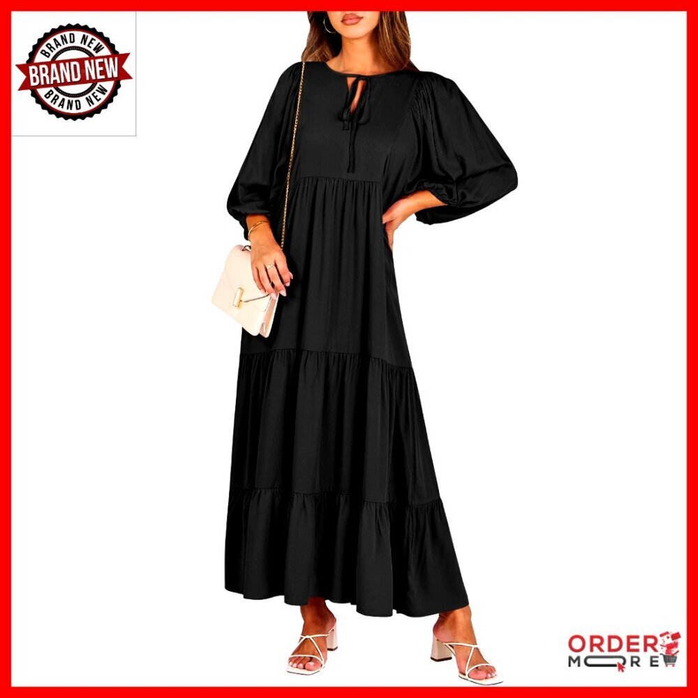 Boho Maxi Dress Flowy Swing V Neck Puff Sleeve Floral Casual Elegant